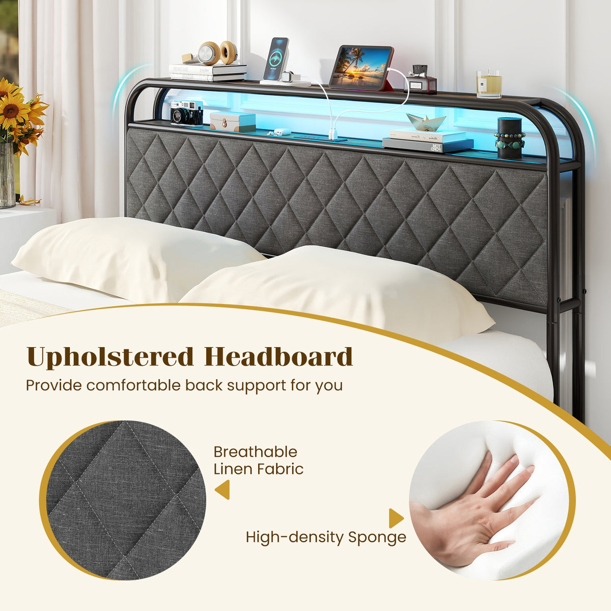 Queen Size Bed Frame With LED Lights, Charging Station, Black Trundle Bed Frame at Gallery Canada