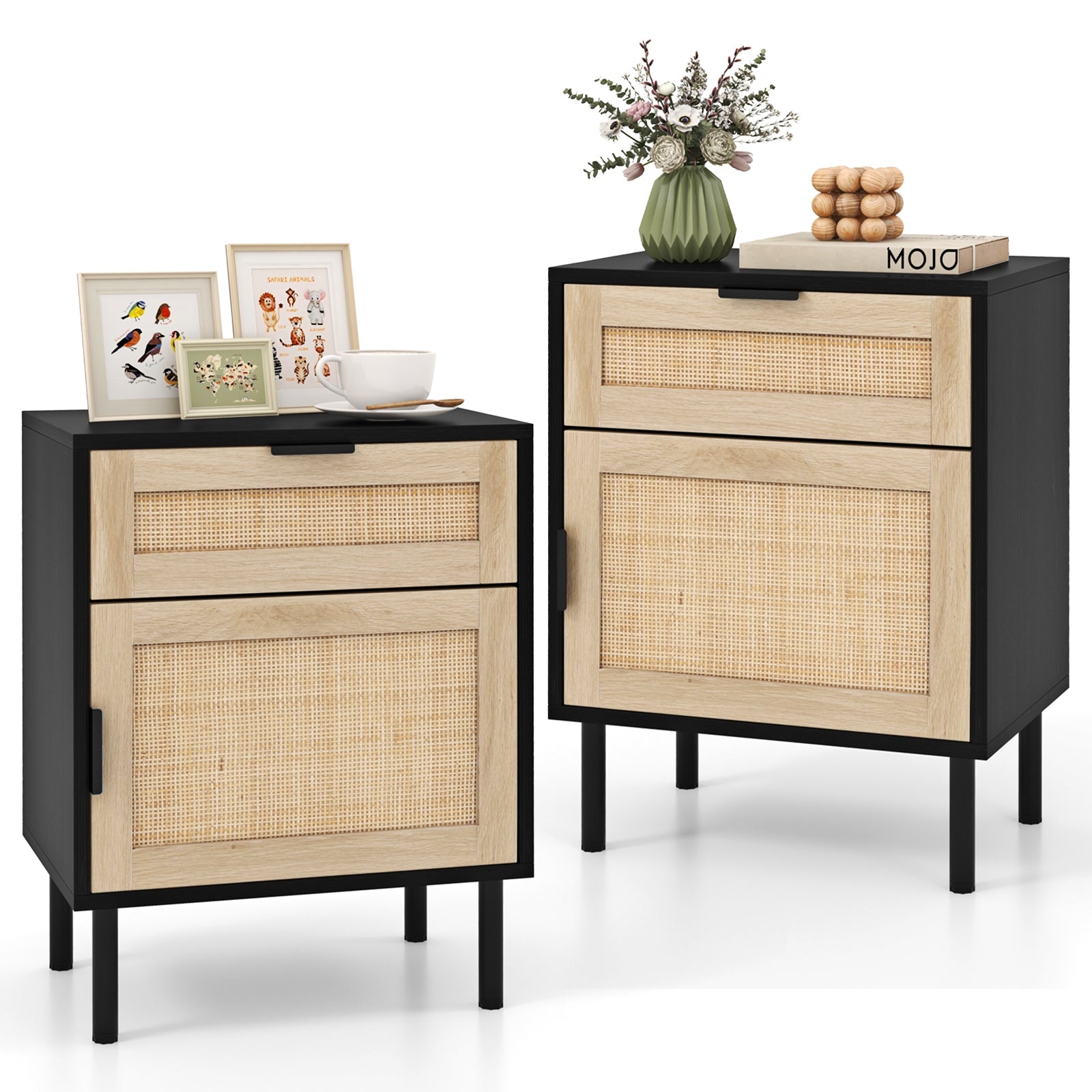Rattan Nightstand Set, 2 Drawer Cabinet, Black Nightstands at Gallery Canada