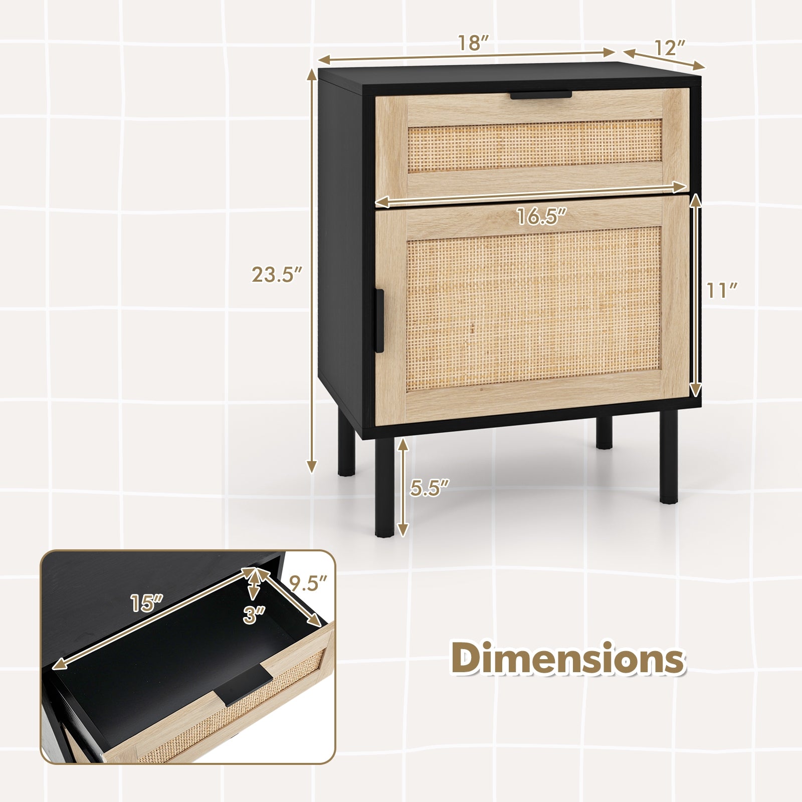 Rattan Nightstand Set, 2 Drawer Cabinet, Black Nightstands at Gallery Canada