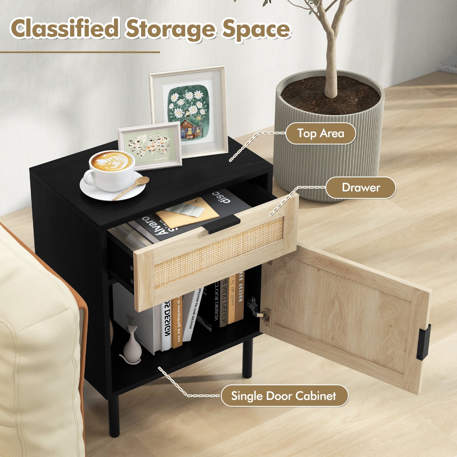Rattan Nightstand Set, 2 Drawer Cabinet, Black Nightstands at Gallery Canada