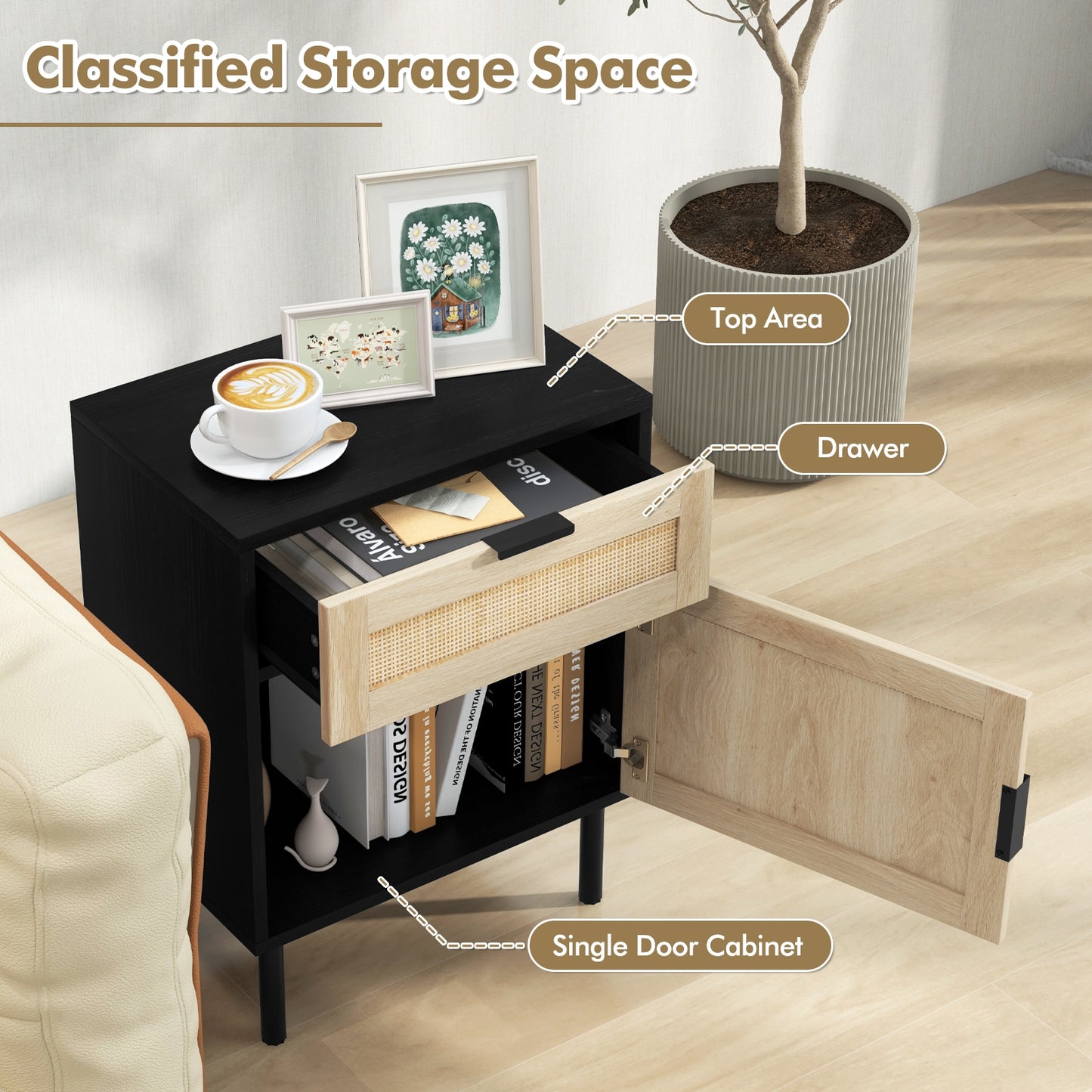 Rattan Nightstand Set, 2 Drawer Cabinet, Black Nightstands at Gallery Canada