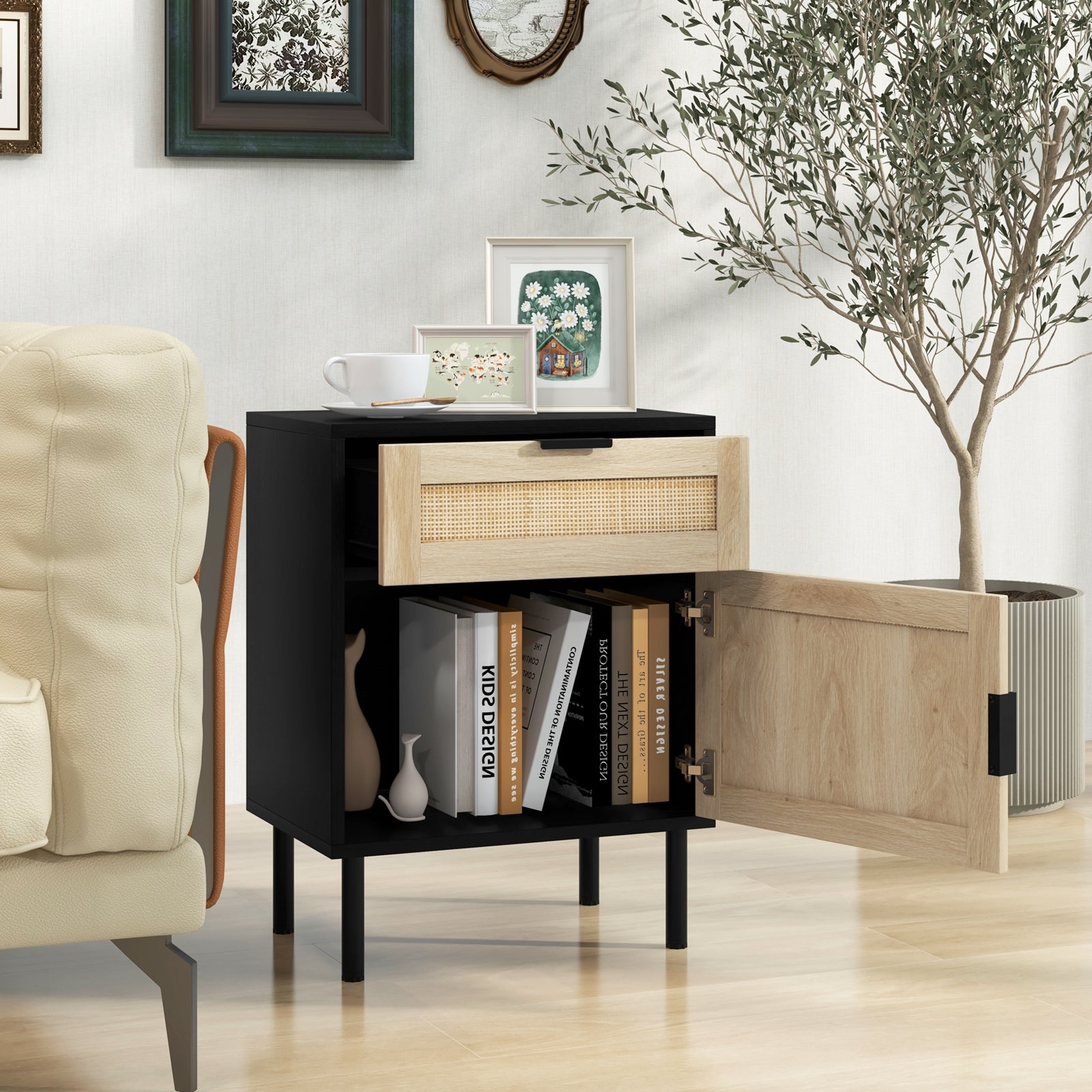 Rattan Nightstand Set, 2 Drawer Cabinet, Black Nightstands at Gallery Canada