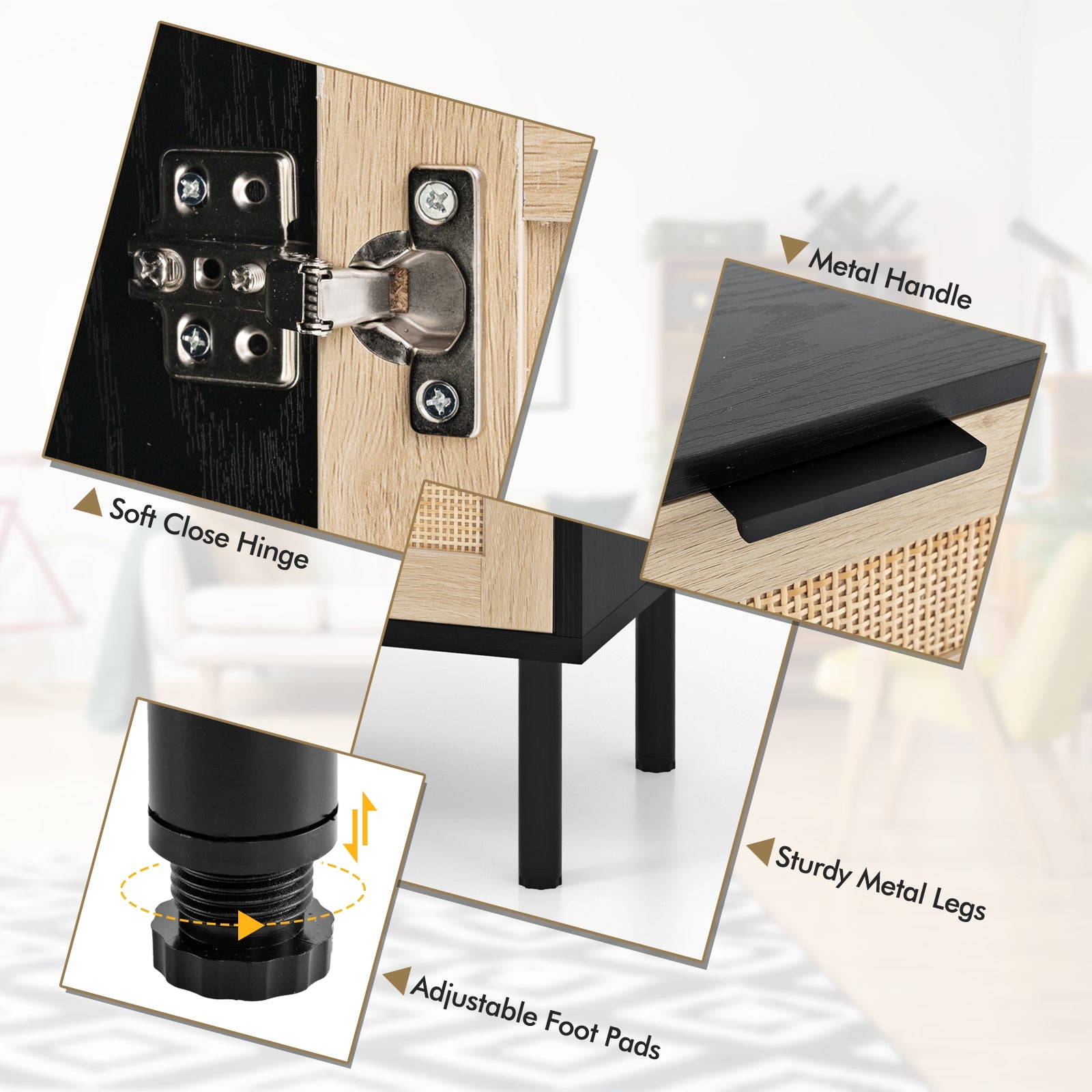 Rattan Nightstand Set, 2 Drawer Cabinet, Black Nightstands at Gallery Canada