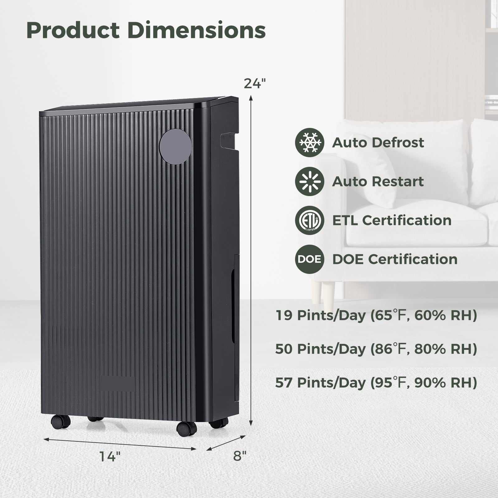 4500 Sq. Ft 57 Pint Quiet Dehumidifier, Basement, 4 Modes, Black Dehumidifiers at Gallery Canada