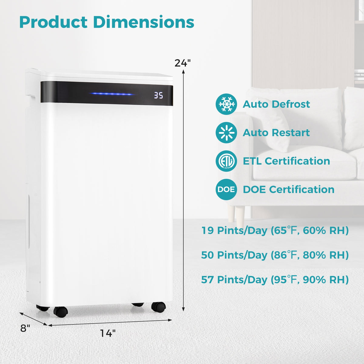 4500 Sq. Ft 57 Pint Dehumidifier, White Dehumidifiers at Gallery Canada