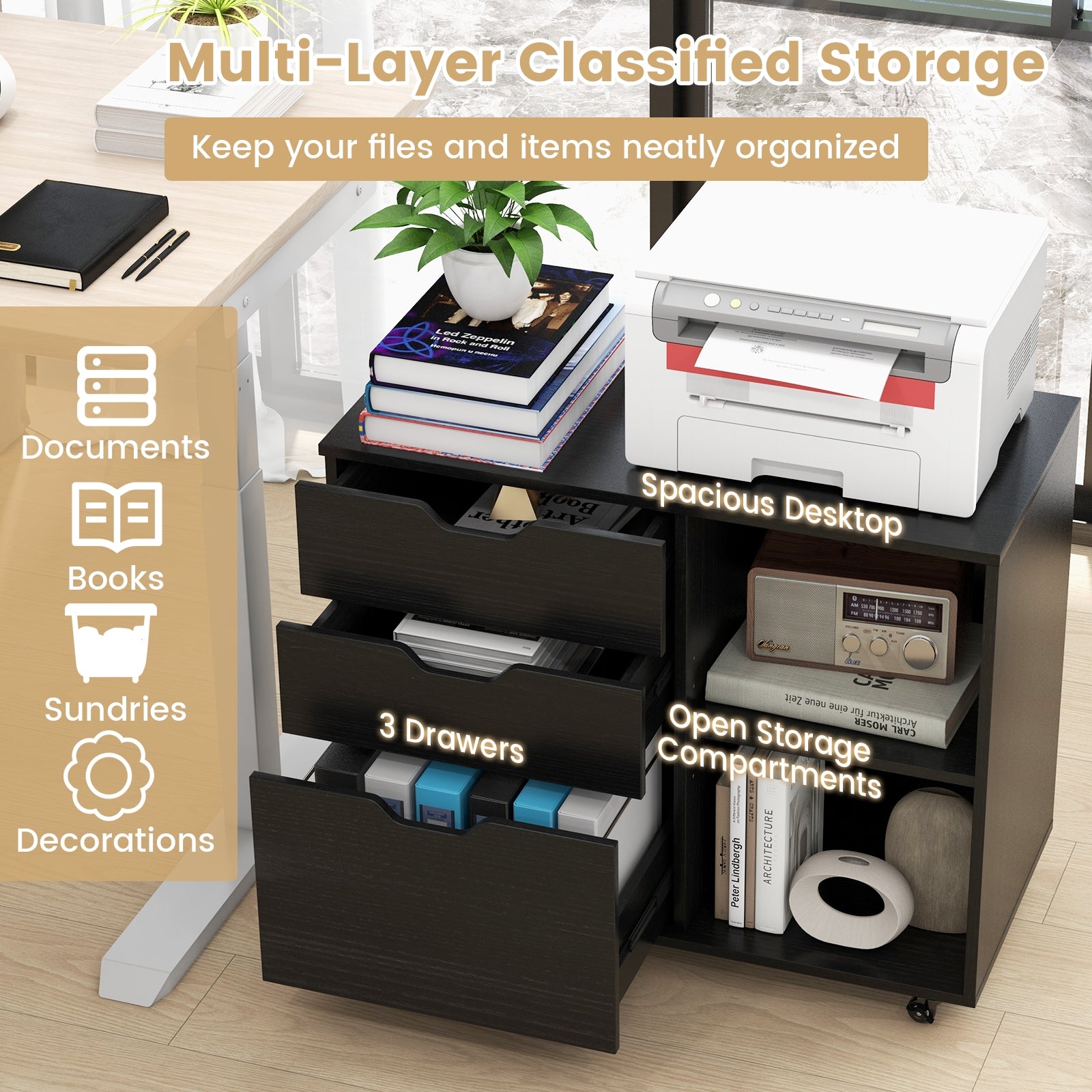 3-Drawer File Cabinet, Adjustable Shelf, Wheels, Letter Size, Black File Cabinets at Gallery Canada