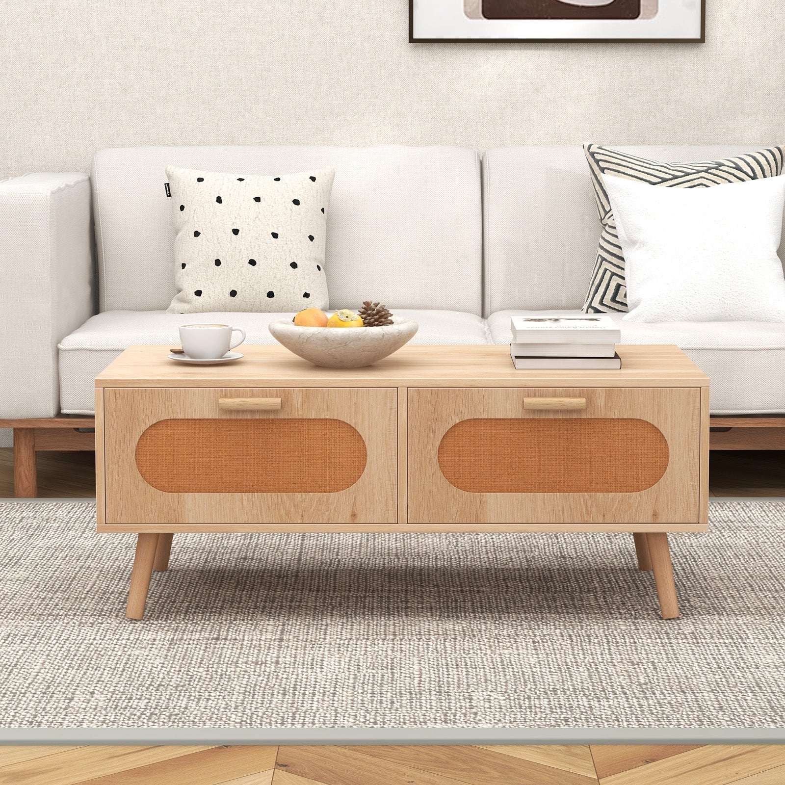 Mid Century Modern Rattan Coffee Table, 2 Storage Drawers, Natural Coffee Tables at Gallery Canada