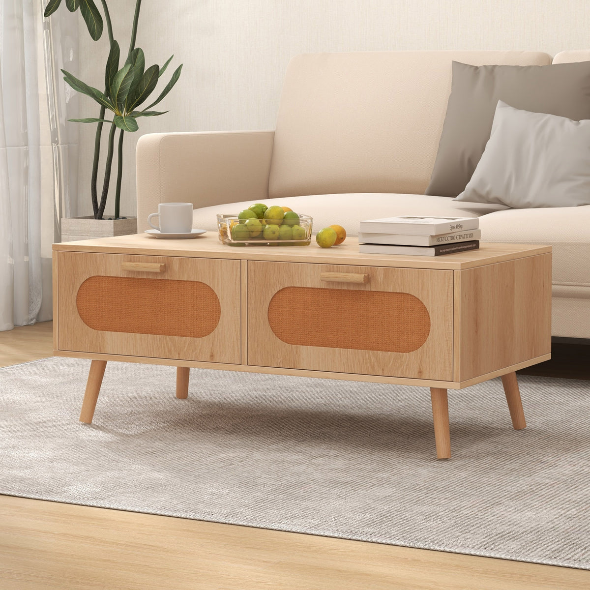 Mid Century Modern Rattan Coffee Table, 2 Storage Drawers, Natural Coffee Tables at Gallery Canada