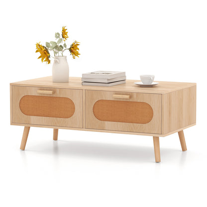 Mid Century Modern Rattan Coffee Table, 2 Storage Drawers, Natural Coffee Tables at Gallery Canada