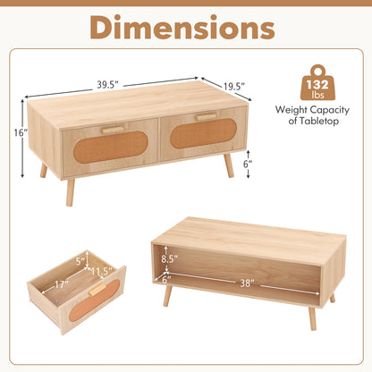 Mid Century Modern Rattan Coffee Table, 2 Storage Drawers, Natural Coffee Tables at Gallery Canada