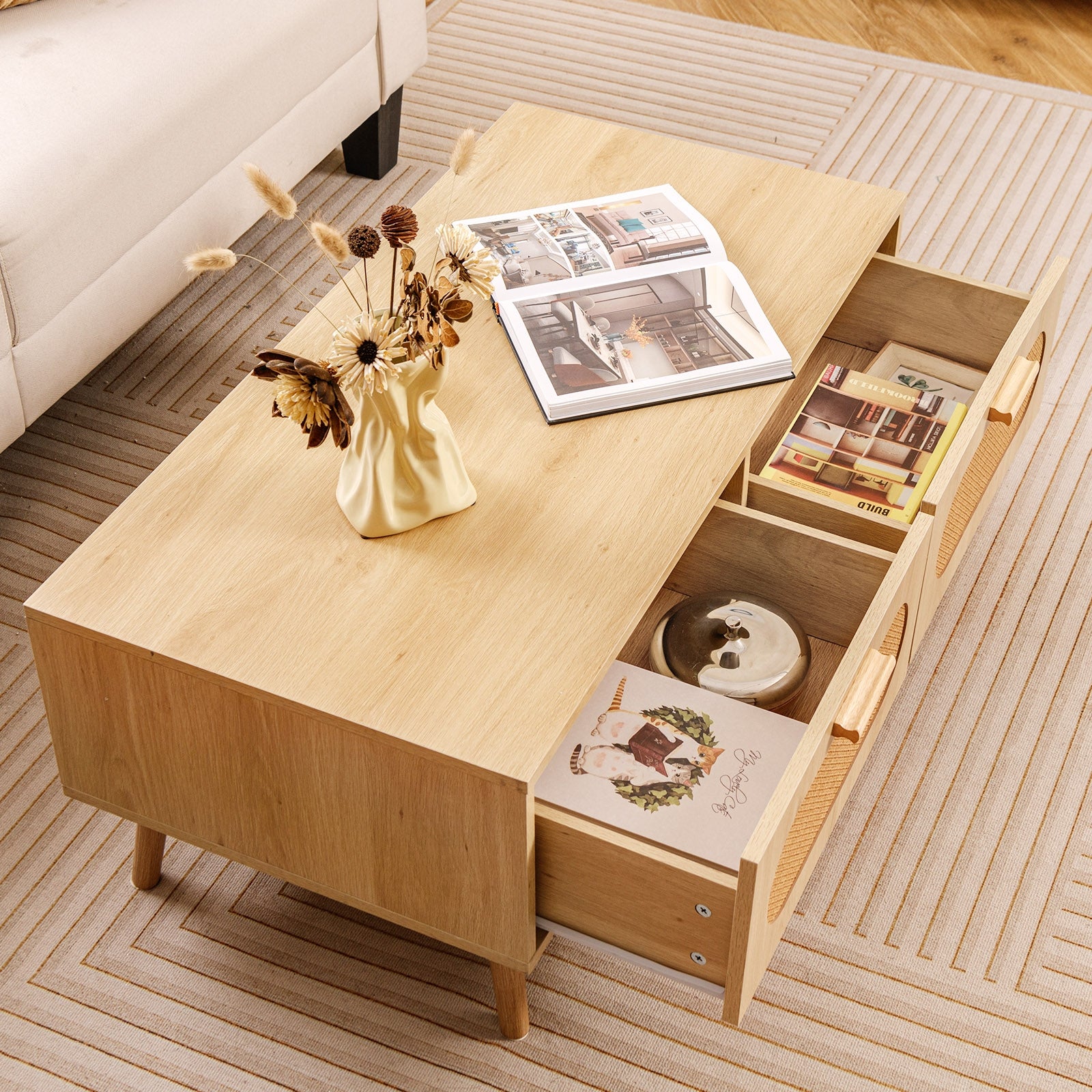 Mid Century Modern Rattan Coffee Table, 2 Storage Drawers, Natural Coffee Tables at Gallery Canada