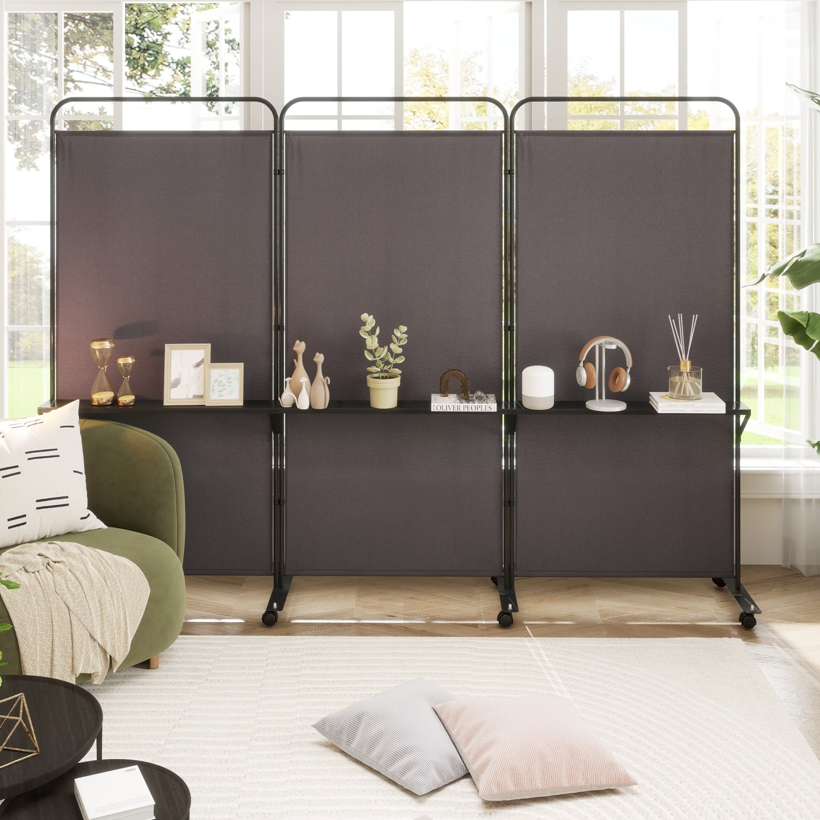 3-Panel Folding Room Divider, 3 Metal Shelves, Lockable Wheels, Brown Room Dividers at Gallery Canada
