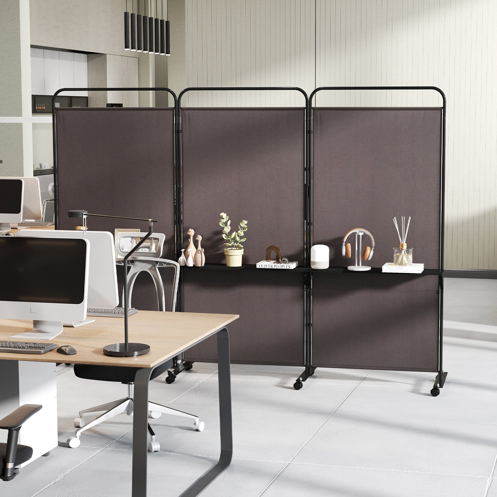 3-Panel Folding Room Divider, 3 Metal Shelves, Lockable Wheels, Brown Room Dividers at Gallery Canada