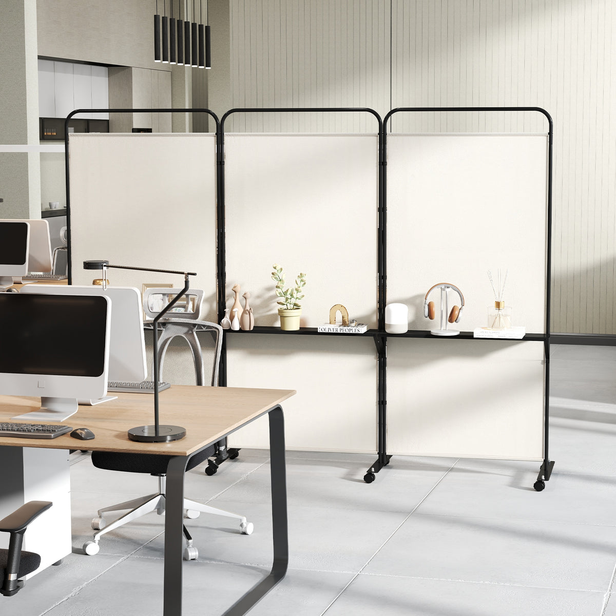 3-Panel Folding Room Divider, 3 Metal Shelves, Lockable Wheels, Beige Room Dividers at Gallery Canada