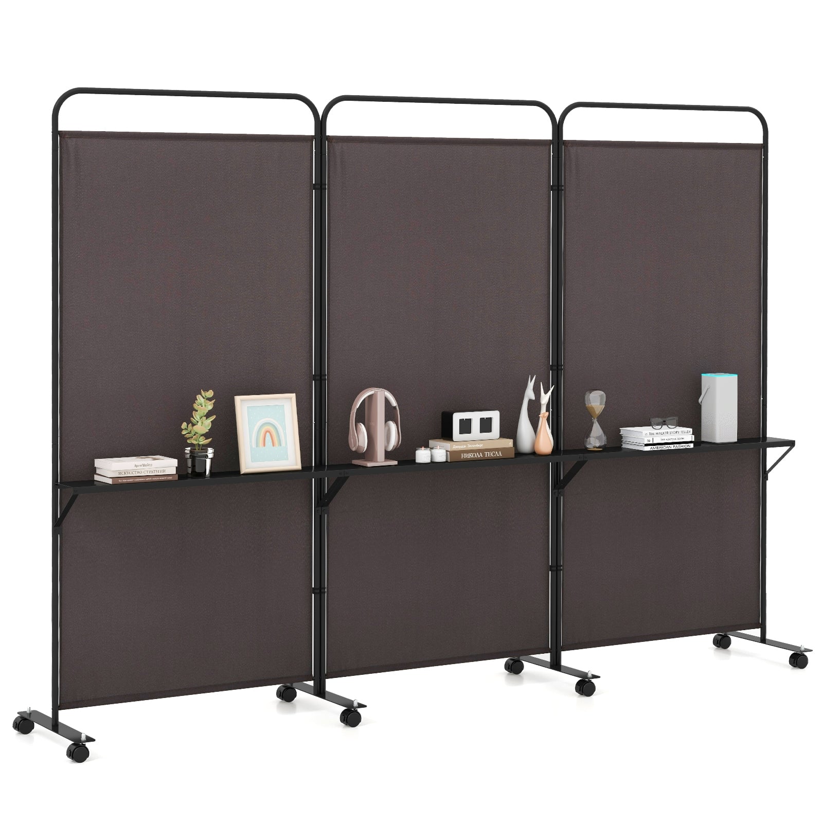 3-Panel Folding Room Divider, 3 Metal Shelves, Lockable Wheels, Brown Room Dividers Brown at Gallery Canada