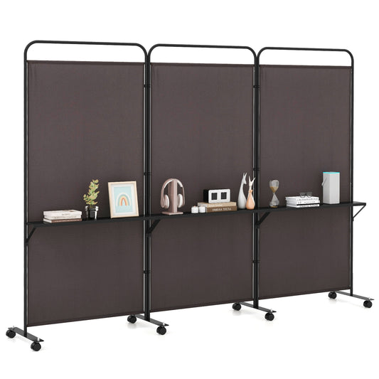 3-Panel Folding Room Divider, 3 Metal Shelves, Lockable Wheels, Brown Room Dividers Brown at Gallery Canada