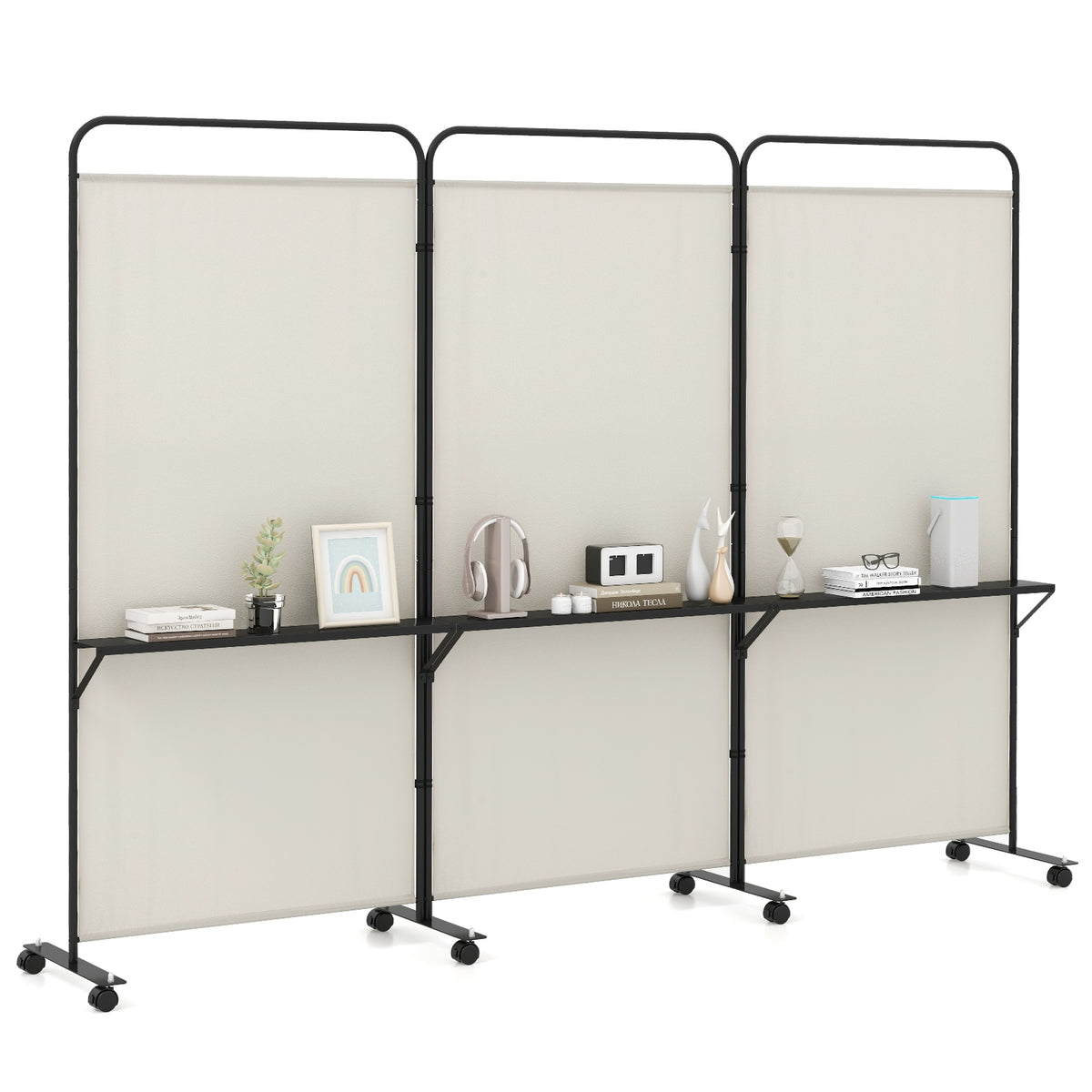 3-Panel Folding Room Divider, 3 Metal Shelves, Lockable Wheels, Beige Room Dividers at Gallery Canada