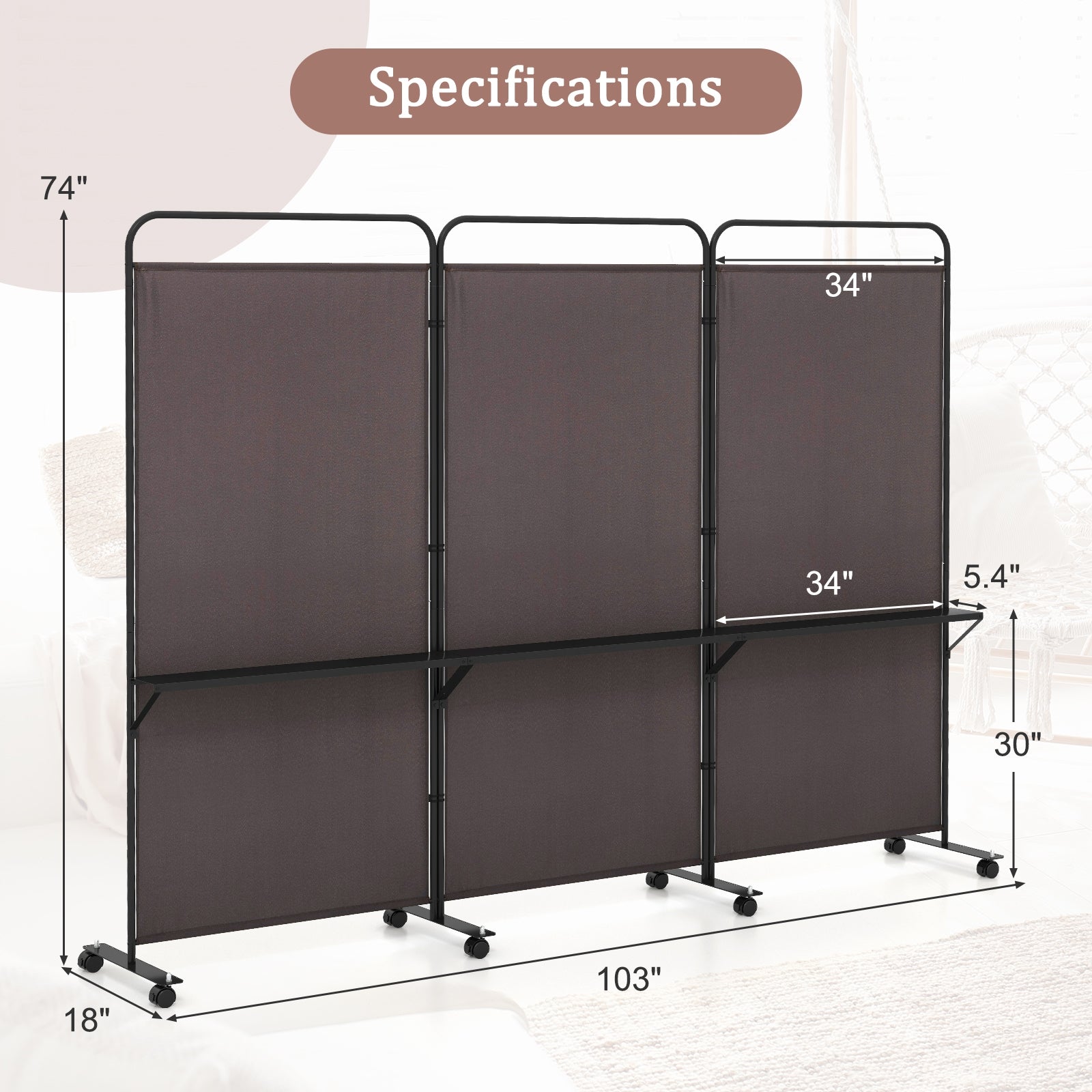 3-Panel Folding Room Divider, 3 Metal Shelves, Lockable Wheels, Brown Room Dividers at Gallery Canada