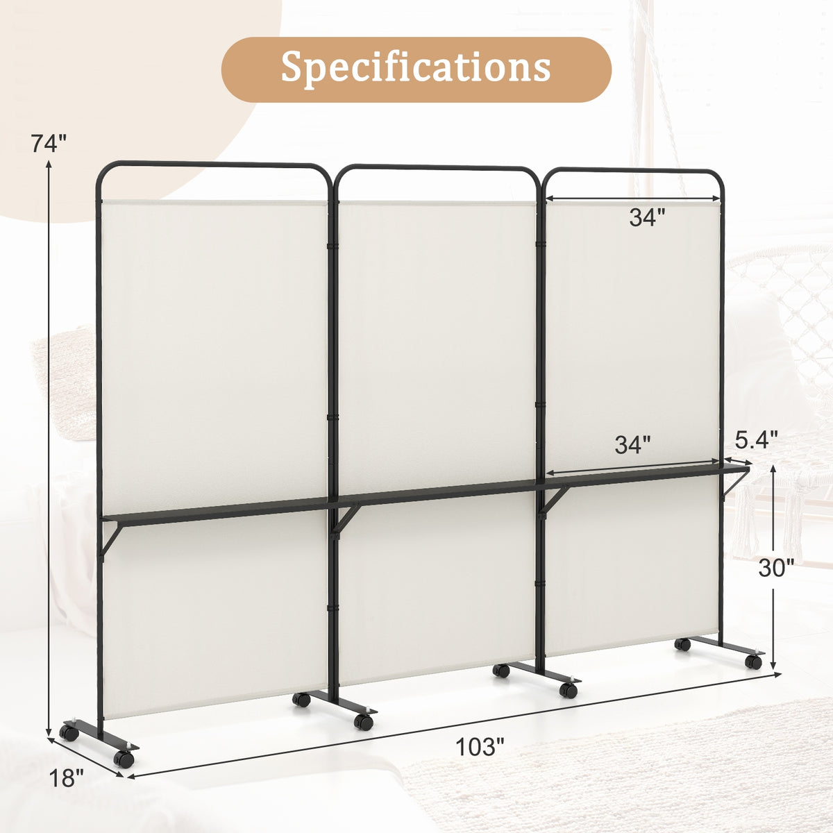 3-Panel Folding Room Divider, 3 Metal Shelves, Lockable Wheels, Beige Room Dividers at Gallery Canada