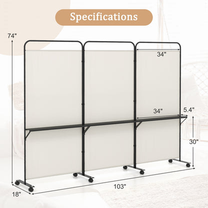 3-Panel Folding Room Divider, 3 Metal Shelves, Lockable Wheels, Beige Room Dividers at Gallery Canada