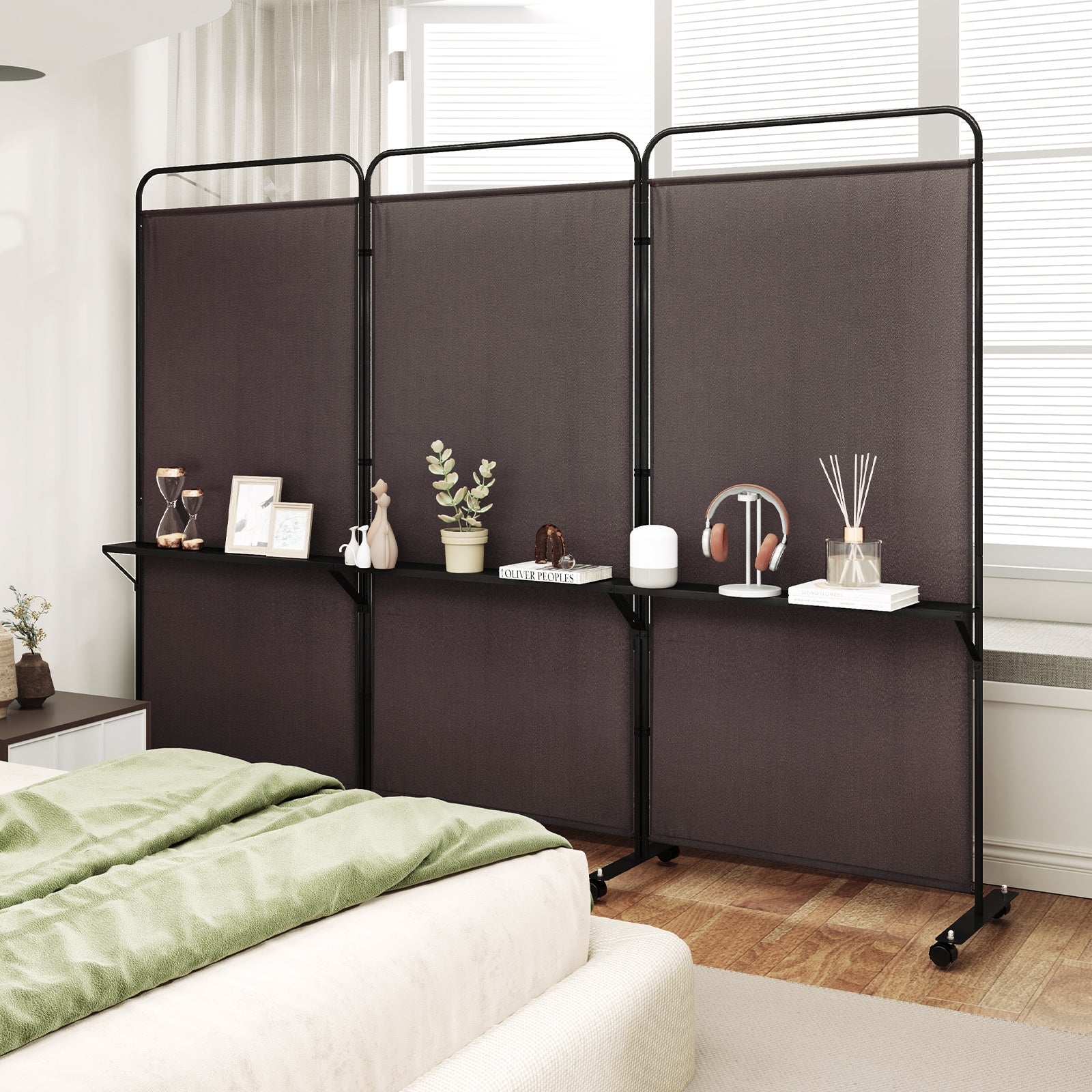 3-Panel Folding Room Divider, 3 Metal Shelves, Lockable Wheels, Brown Room Dividers at Gallery Canada