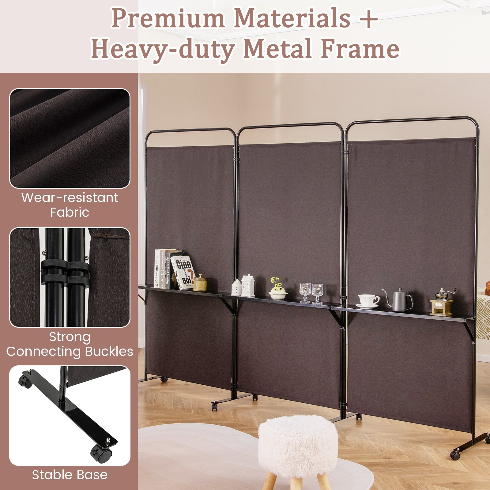 3-Panel Folding Room Divider, 3 Metal Shelves, Lockable Wheels, Brown Room Dividers at Gallery Canada