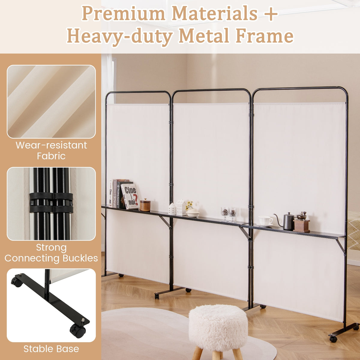 3-Panel Folding Room Divider, 3 Metal Shelves, Lockable Wheels, Beige Room Dividers at Gallery Canada