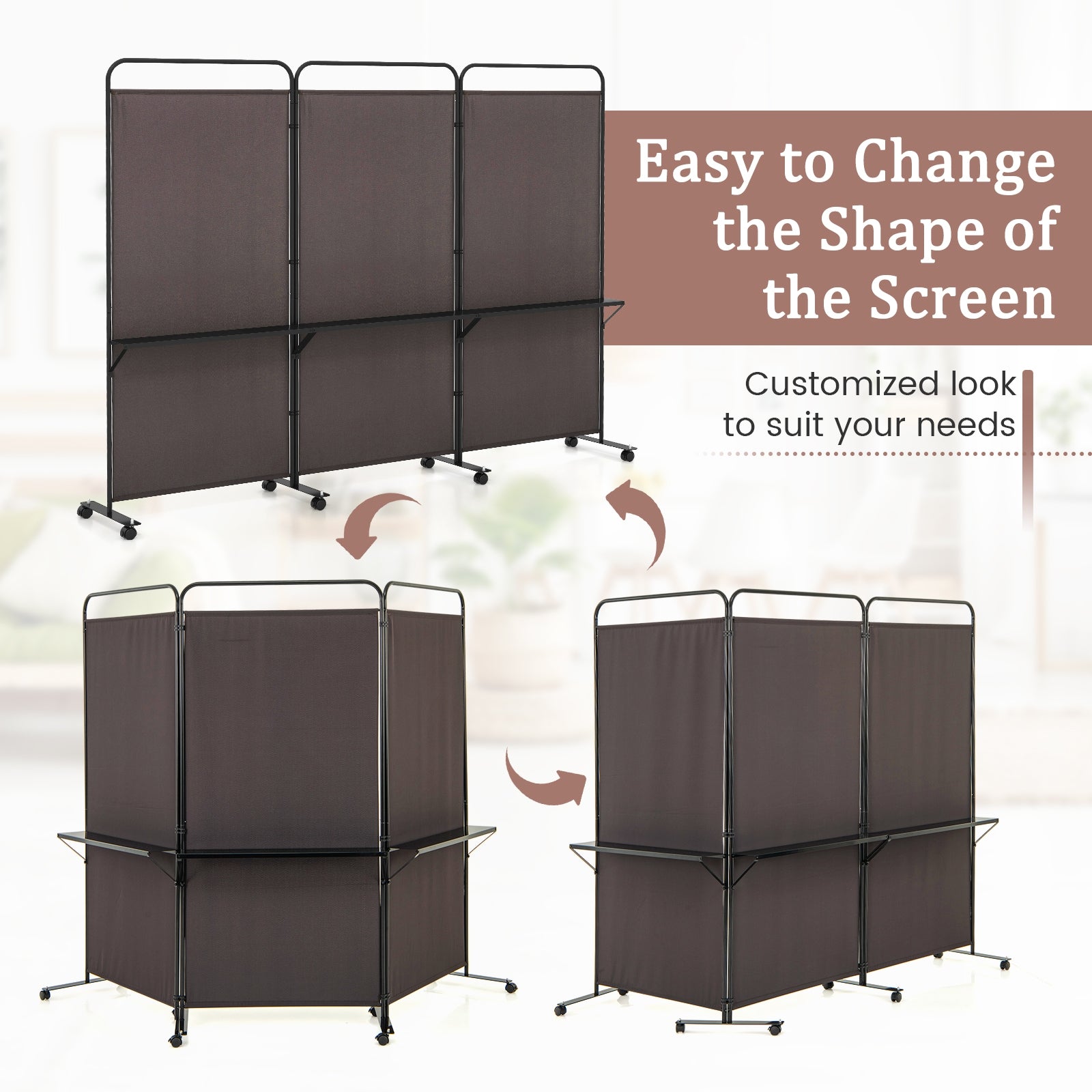 3-Panel Folding Room Divider, 3 Metal Shelves, Lockable Wheels, Brown Room Dividers at Gallery Canada