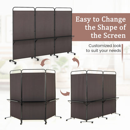 3-Panel Folding Room Divider, 3 Metal Shelves, Lockable Wheels, Brown Room Dividers at Gallery Canada