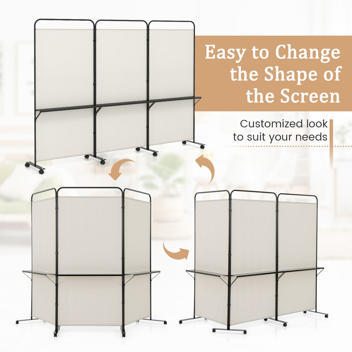 3-Panel Folding Room Divider, 3 Metal Shelves, Lockable Wheels, Beige Room Dividers at Gallery Canada