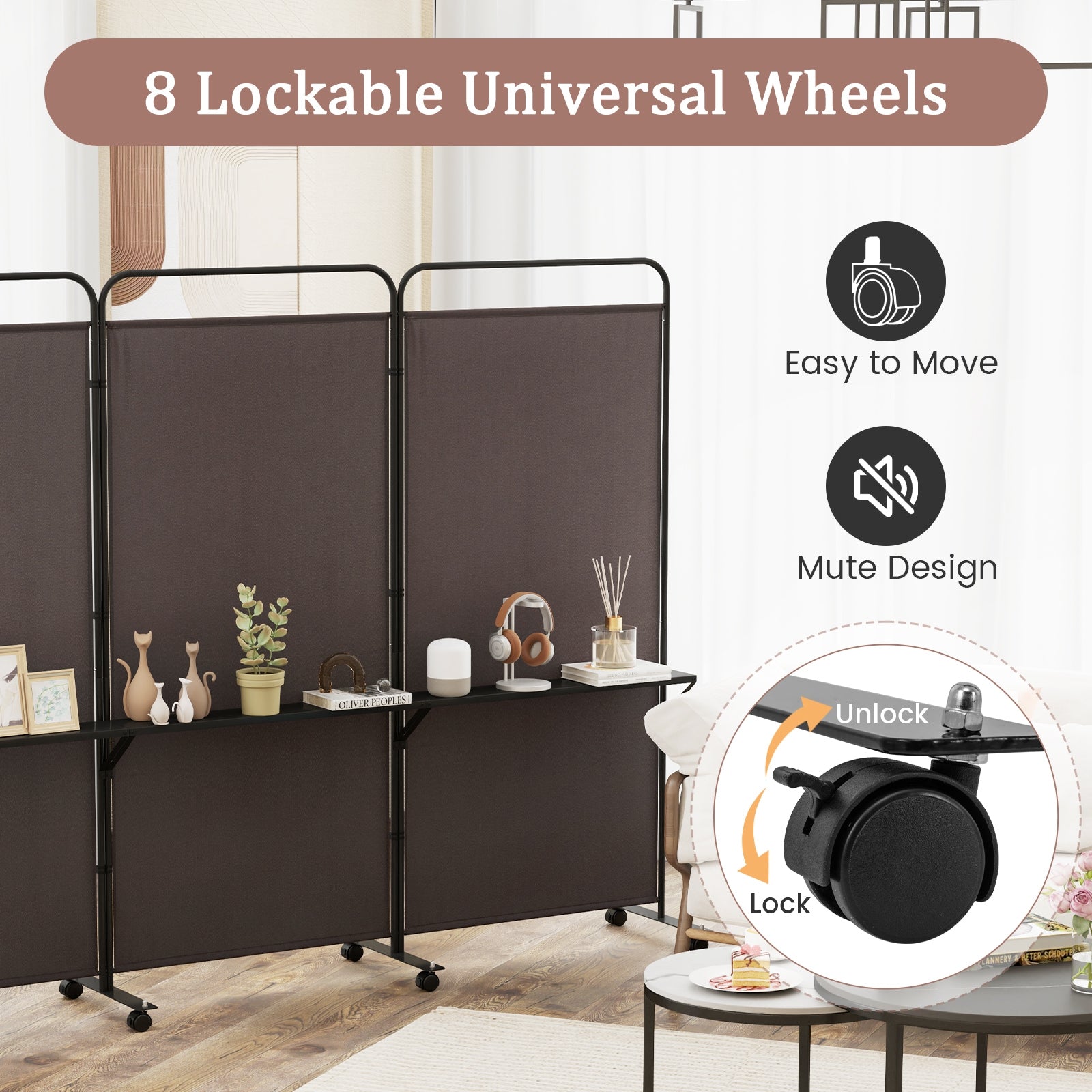 3-Panel Folding Room Divider, 3 Metal Shelves, Lockable Wheels, Brown Room Dividers at Gallery Canada