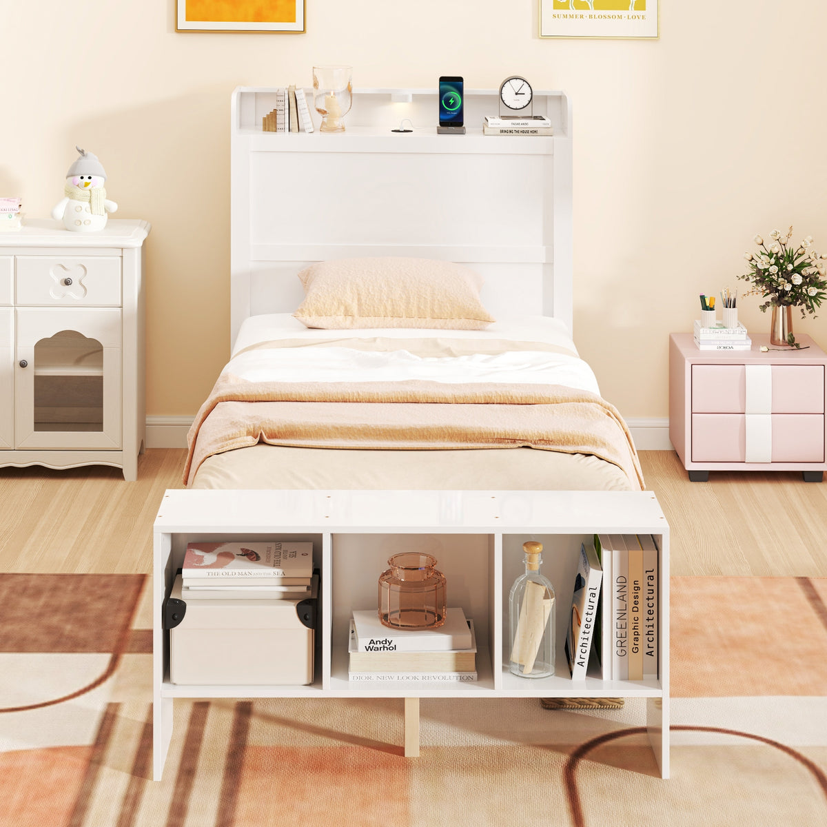 Twin Size Bed Frame With USB Ports, Storage Headboard, Lights, White Simple Bed Frame at Gallery Canada