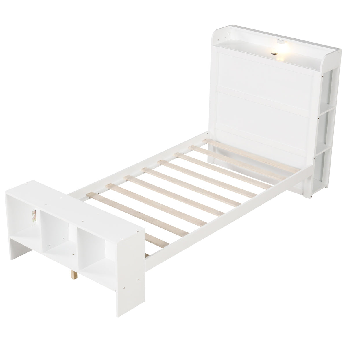 Twin Size Bed Frame With USB Ports, Storage Headboard, Lights, White Simple Bed Frame at Gallery Canada