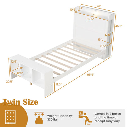 Twin Size Bed Frame With USB Ports, Storage Headboard, Lights, White Simple Bed Frame at Gallery Canada