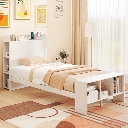 Twin Size Bed Frame With USB Ports, Storage Headboard, Lights, White Simple Bed Frame at Gallery Canada