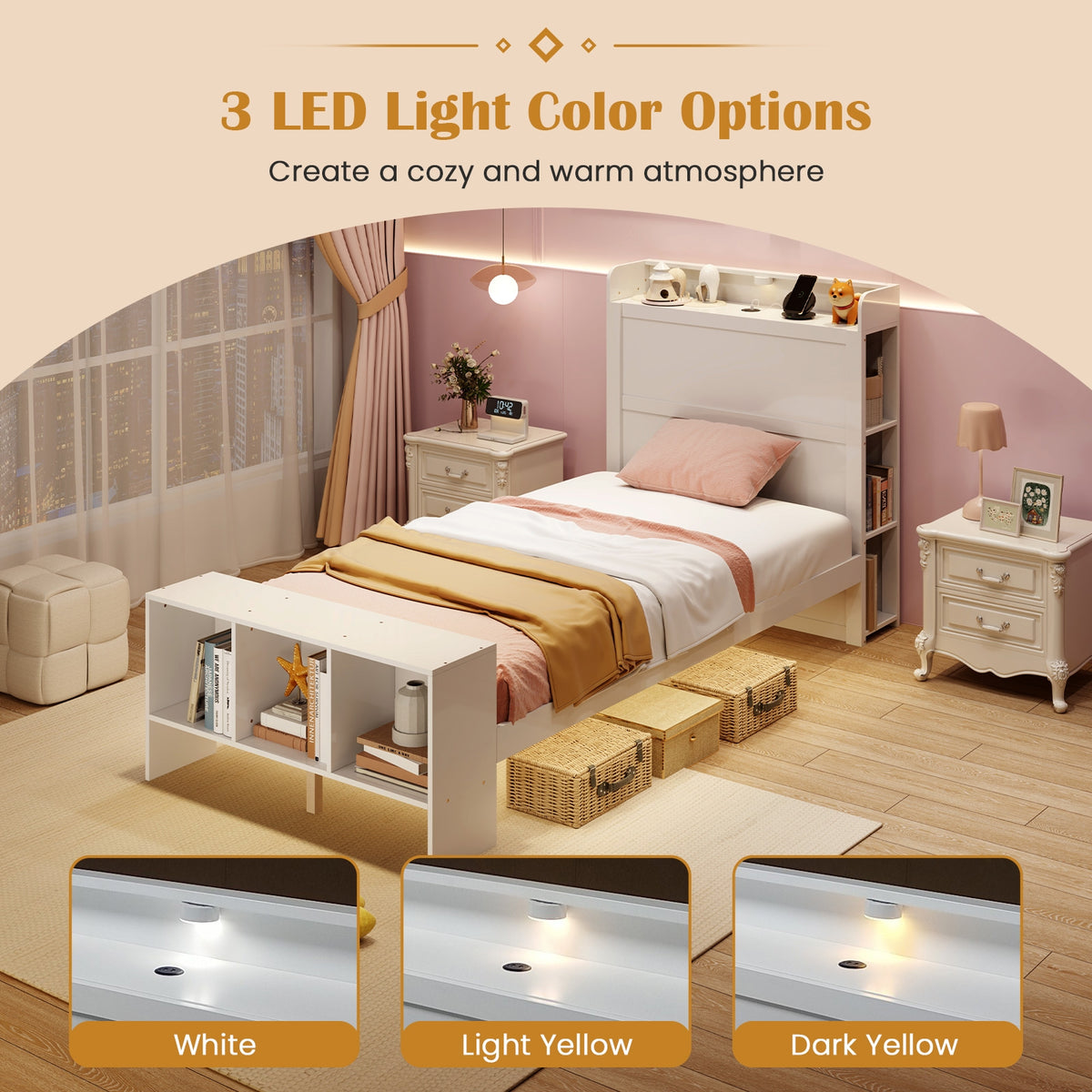 Twin Size Bed Frame With USB Ports, Storage Headboard, Lights, White Simple Bed Frame at Gallery Canada