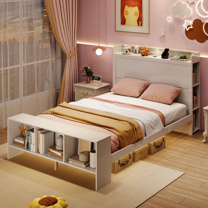 Full Size Bed Frame, 2 USB Ports, Storage Headboard, Lights, White Simple Bed Frame at Gallery Canada