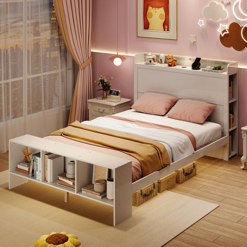 Full Size Bed Frame, 2 USB Ports, Storage Headboard, Lights, White