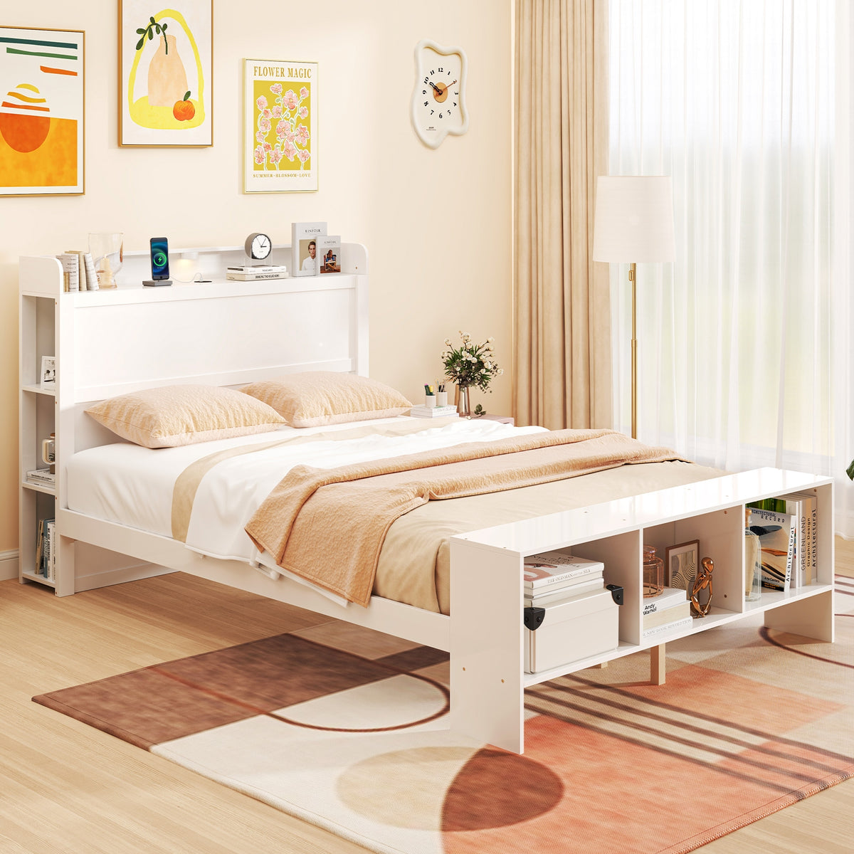 Full Size Bed Frame, 2 USB Ports, Storage Headboard, Lights, White Simple Bed Frame at Gallery Canada