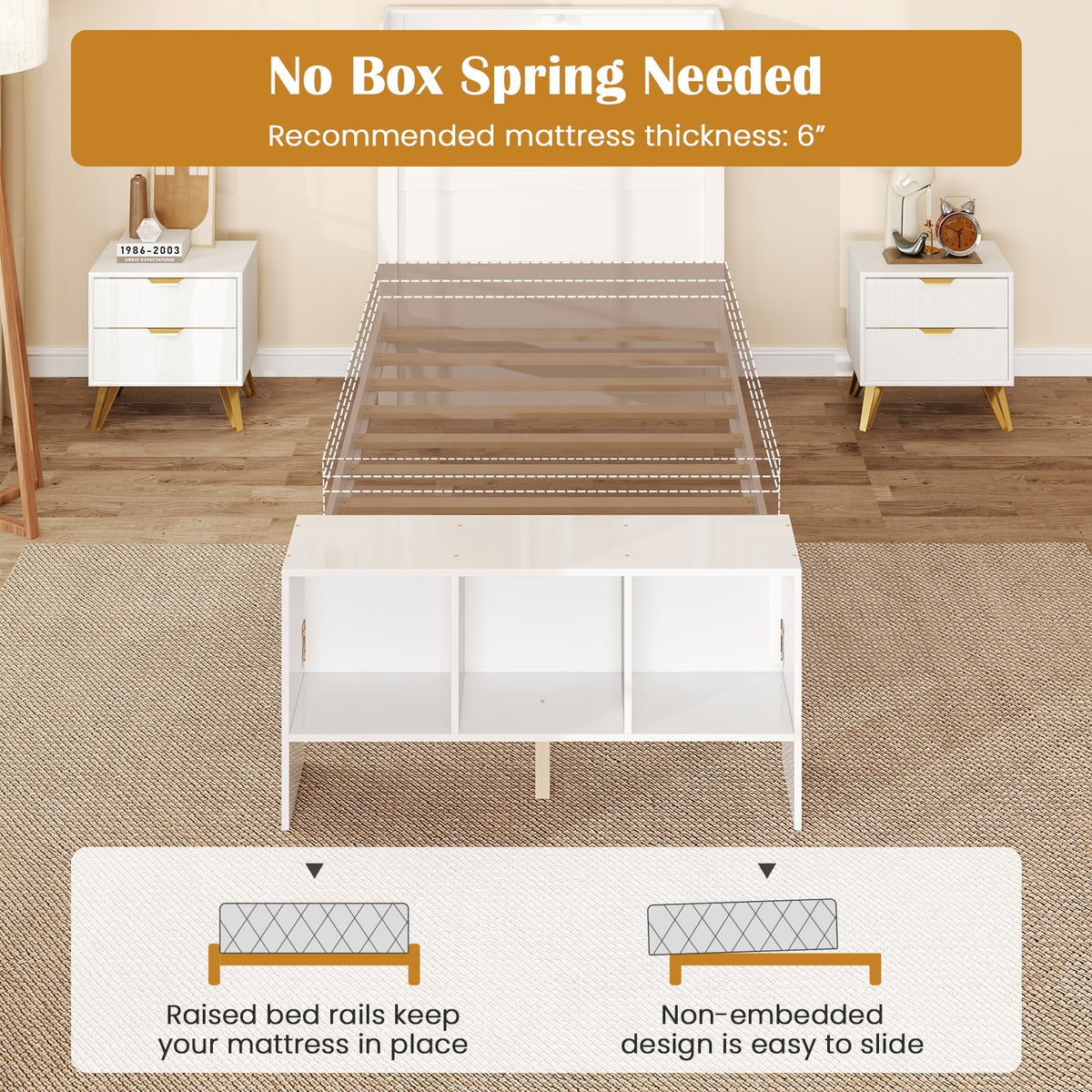 Twin Size Bed Frame With USB Ports, Storage Headboard, Lights, White Simple Bed Frame at Gallery Canada