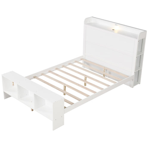 Full Size Bed Frame, 2 USB Ports, Storage Headboard, Lights, White