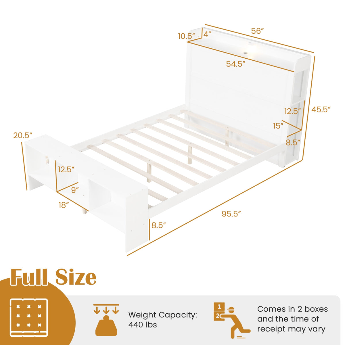 Full Size Bed Frame, 2 USB Ports, Storage Headboard, Lights, White Simple Bed Frame at Gallery Canada