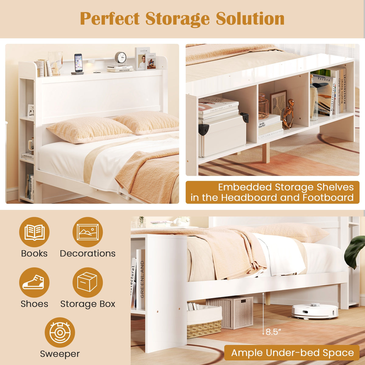 Full Size Bed Frame, 2 USB Ports, Storage Headboard, Lights, White Simple Bed Frame at Gallery Canada