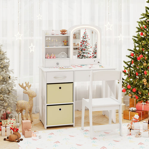 Kids Vanity Set With Lighted Mirror, Makeup Desk And Chair, White