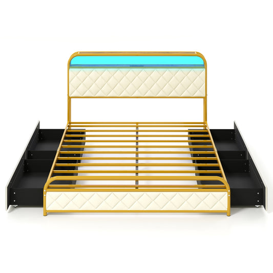 Queen Size Bed Frame With LED Lights, Charging Station, Golden Trundle Bed Frame Golden at Gallery Canada