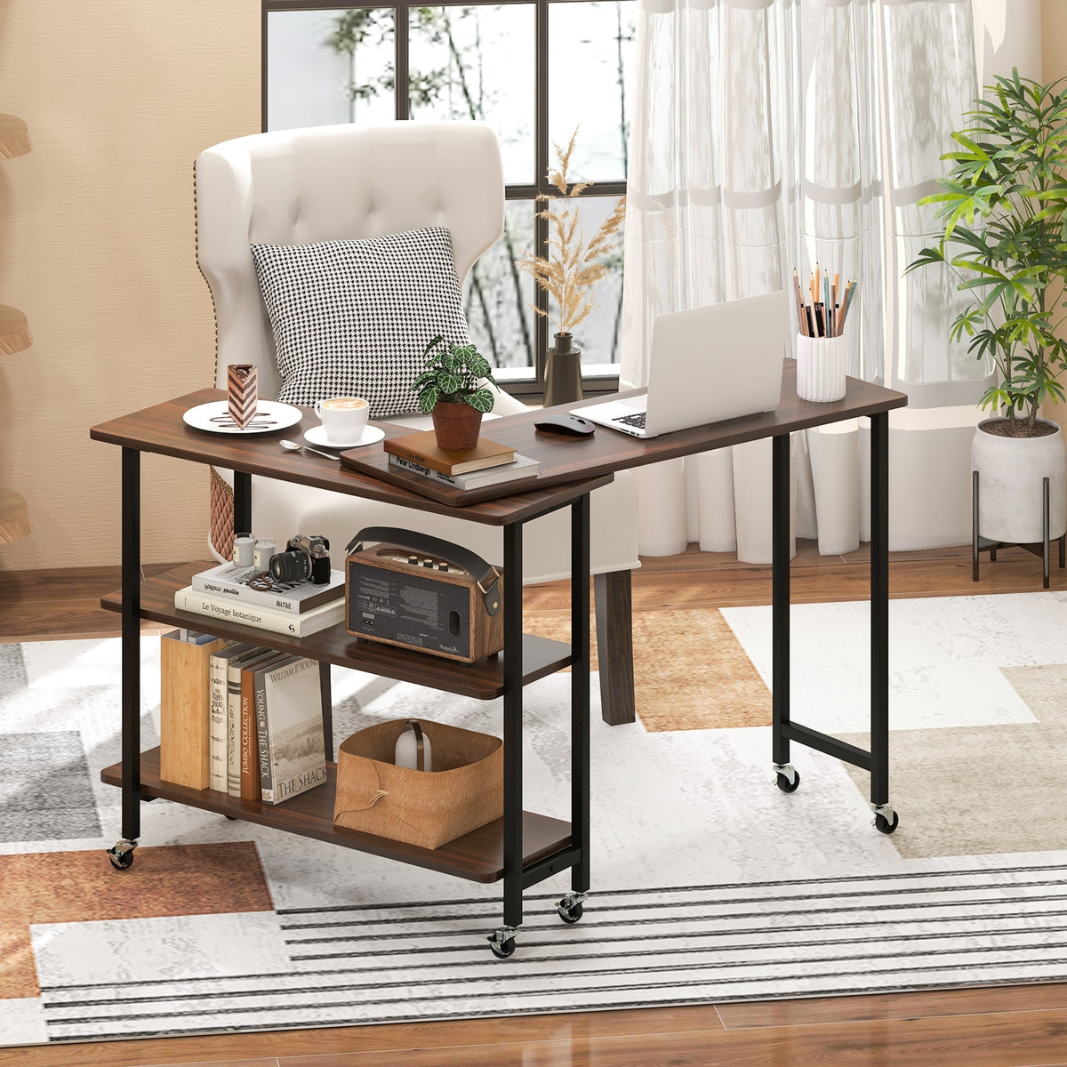 360° Rotating Sofa Side Table, 2-Tier Storage Shelves, Walnut L-Shaped Desks at Gallery Canada
