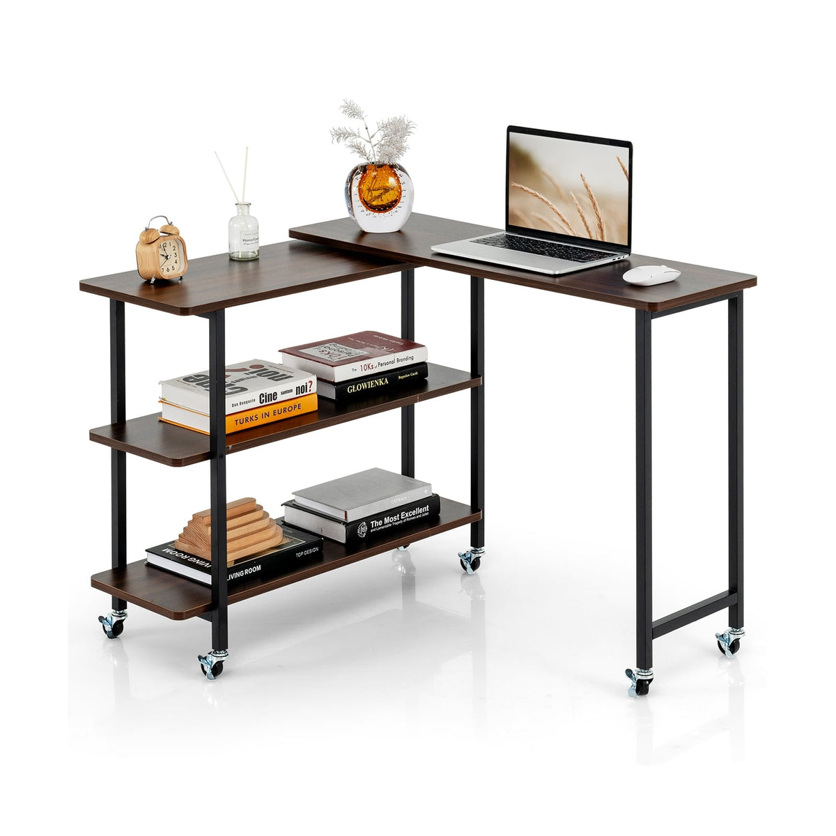 360° Rotating Sofa Side Table, 2-Tier Storage Shelves, Walnut L-Shaped Desks Walnut at Gallery Canada