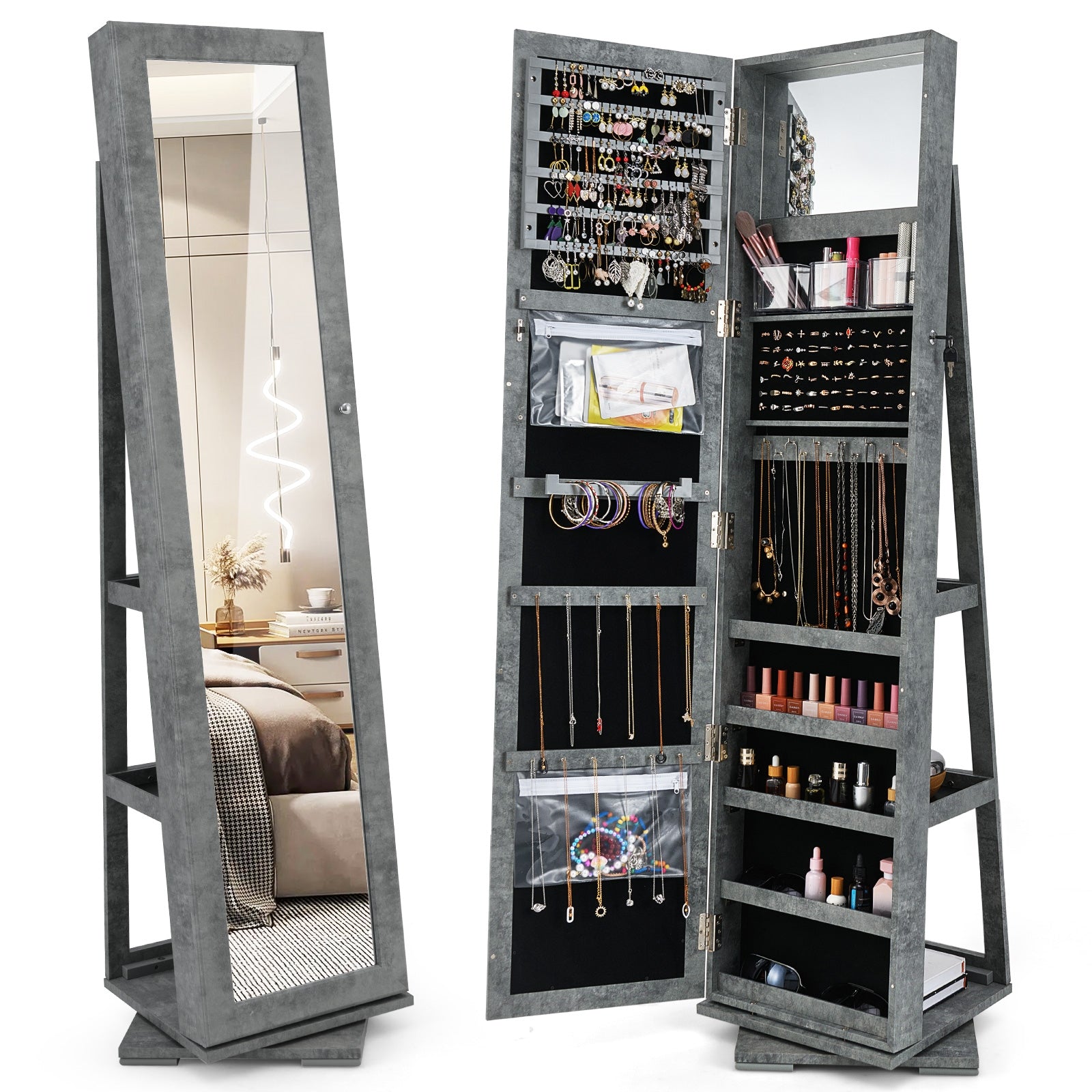 360° Rotatable 2-in-1 Lockable Jewelry Cabinet, Full-Length Mirror, Green Jewelry Armoires at Gallery Canada