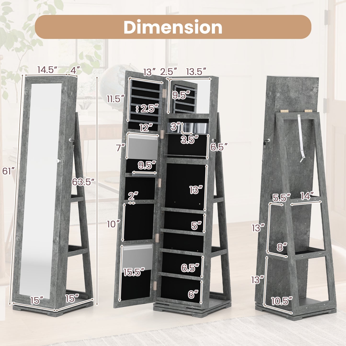 360° Rotatable 2-in-1 Lockable Jewelry Cabinet, Full-Length Mirror, Green Jewelry Armoires at Gallery Canada