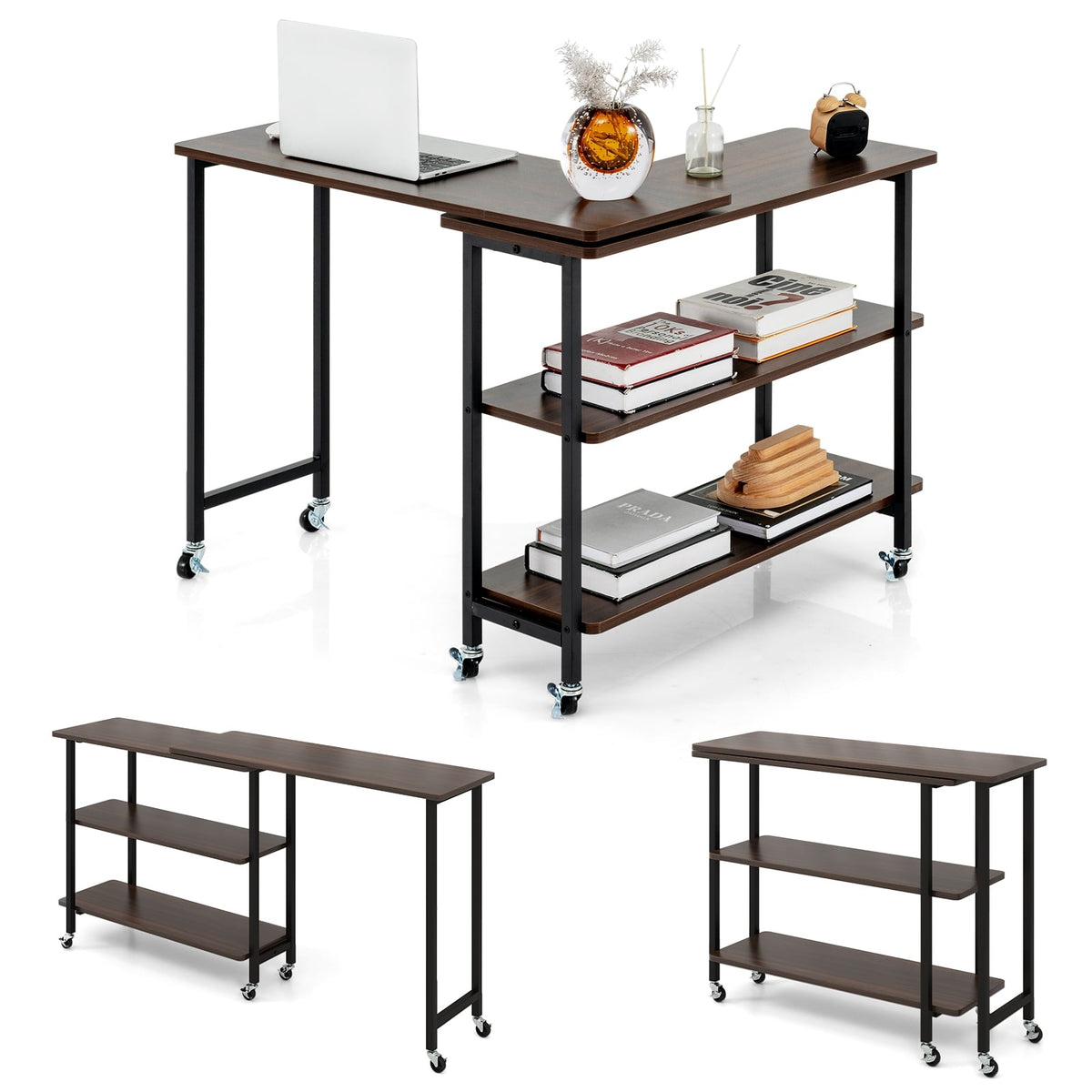 360° Rotating Sofa Side Table, 2-Tier Storage Shelves, Walnut L-Shaped Desks at Gallery Canada